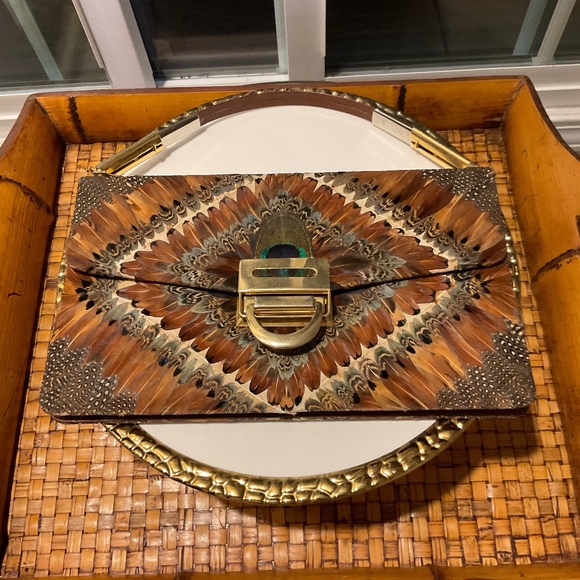 VTG Ostrich & Peacock Feather Clutch Purse With Matching Card Wallet - Picture 1 of 15